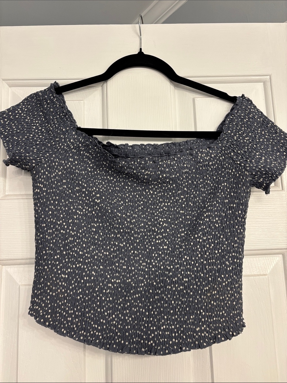 Abercrombie & Fitch Denim Blue Smocked Off-Shoulder Crop Top with White Dot